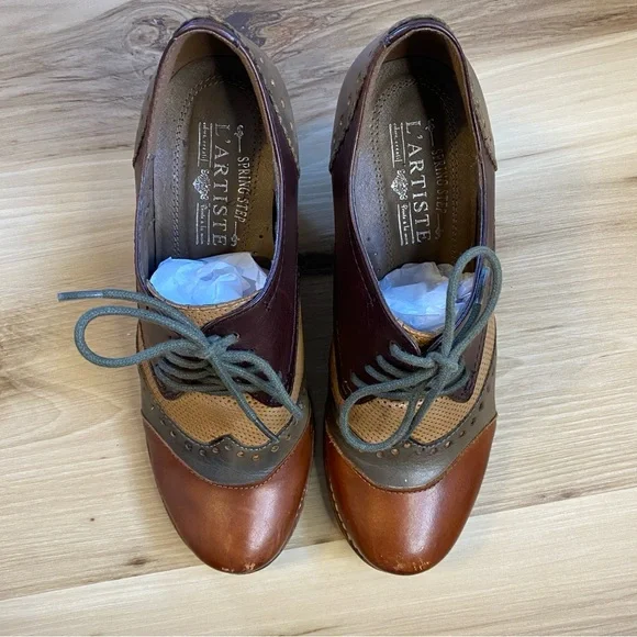 L’ARTISTE Bardot Brown Leather Shoes Oxford Heel Size 7.5 - Picture 3 of 9